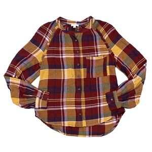 Anthropologie Pilcro Plaid Fall Colors Button Down Ruffle Trim Shirt